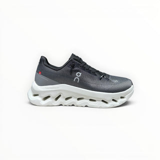 FWSports Shoes Womens On-Run Cloudtilt sneaker in black, gray, and white with a thick, cushioned rocker sole.
