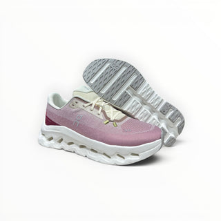 FWSports Shoes On-Run Cloudtilt sneakers in white and red with mesh upper, rocker sole, and Helion superfoam cushioning.