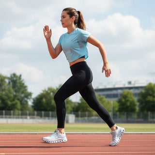 FWSports Shoes woman running on a track wearing alloy and glacier gray On Running Cloudmonster sneakers