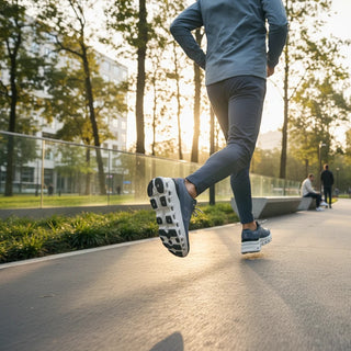 FWSports Shoes runner wearing lime and glacier ash On Running Cloudmonster sneakers on a paved path at sunset