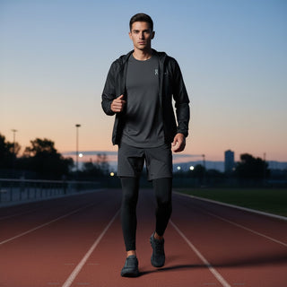 FWSports Shoes model wearing all-black On Running Cloudmonster Void sneakers on a running track at sunset