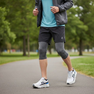 FWSports Shoes On Running Cloudmonster Void sneakers in white and gray worn by a runner on an outdoor path