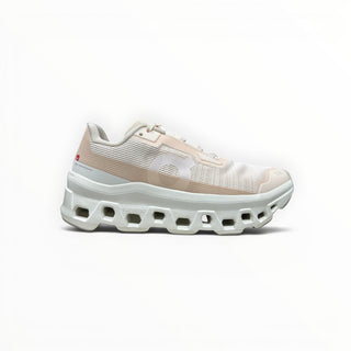 FWSports Shoes Womens On Running Cloudmonster Void running shoe in dewdrop white and ivory white with mesh upper.