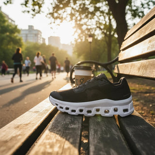 FWSports Shoes Womens On Running Cloudmonster Void black and white running shoe on a park bench with coffee cup