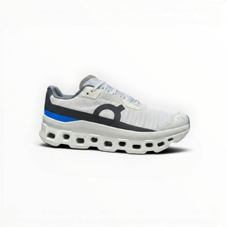 FWSports Shoes On Running Cloudmonster running shoe in white and gray with blue accent and thick CloudTec sole