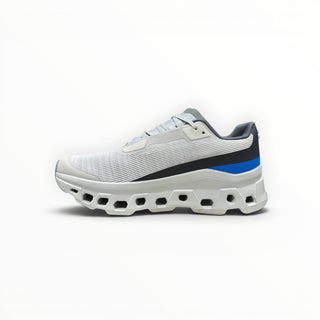 FWSports Shoes On Running Cloudmonster Void in white and gray with blue accents and signature CloudTec sole