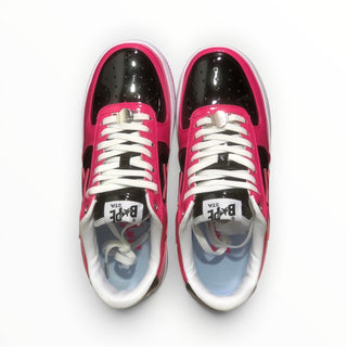 FWSports Shoes BAPE STA low-top sneakers in pink and black patent leather with white laces and cushioned interior.