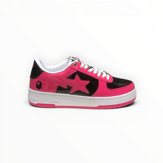 FWSports Shoes BAPE STA low-top sneakers in pink and black patent leather with signature star logo and white midsole.