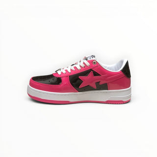 FWSports Shoes BAPE STA low-top sneakers in glossy pink and black patent leather with signature star side detail.