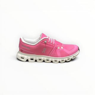FWSports Shoes On Cloud 6 waterproof running shoes in vibrant pink with a white cushioned sole and mesh upper.