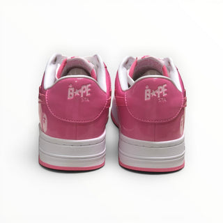 FWSports Shoes pink and white patent leather BAPE STA low-top sneakers, rear view showing branded heel tabs.