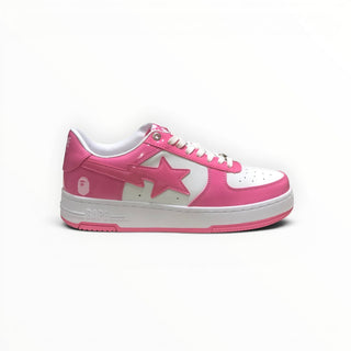 FWSports Shoes BAPE STA low-top sneakers in pink and white with signature star logo and lace-up closure.