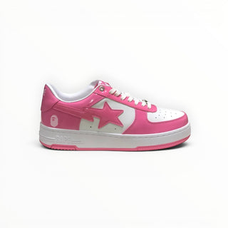 FWSports Shoes BAPE STA low-top sneakers in pink and white with signature star logo and lace-up closure.
