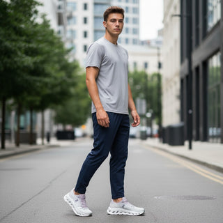 FWSports Shoes model wearing purple and white On-Run Cloudtilt sneakers with mesh upper and rocker sole in city street