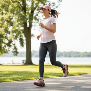 FWSports Shoes On Cloudmonster women's running shoes in rose pink worn by a female runner on a park path
