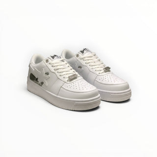 FWSports Shoes triple white BAPE STA low-top sneakers with signature star side detail and lace-up closure.