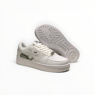 FWSports Shoes BAPE STA low-top sneakers in triple white with signature star logo and durable rubber outsole.