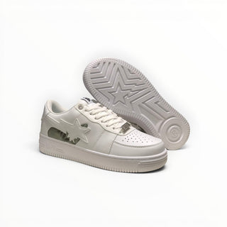 FWSports Shoes triple white BAPE STA low-top sneakers featuring a star logo, lace-up closure, and durable rubber sole.