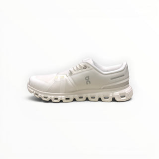 FWSports Shoes white On Cloud 6 waterproof sneakers with mesh upper and cushioned rubber sole, side view.