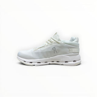 FWSports Shoes white Cloudnova running sneakers with a sock-like upper and CloudTec cushioning in a side profile view.