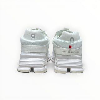 Rear view of FWSports Shoes white Cloudnova running sneakers showing the cushioned sole and Swiss Engineering detail.