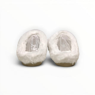 FWSports Shoes white faux fur recovery slippers with a plush open-back design for indoor comfort.