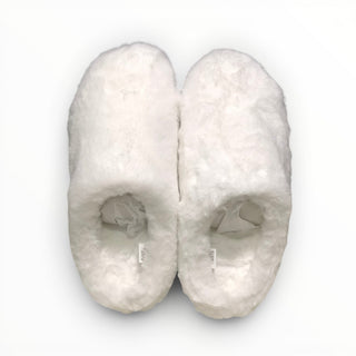 FWSports Shoes white plush faux fur recovery slippers with a soft slip-on design for indoor comfort.