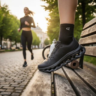 FWSports Shoes Womens On-Run Cloudtilt in black with breathable mesh upper and cushioned rocker sole in a park setting