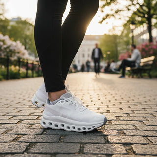 FWSports Shoes Womens On Running Cloudmonster Void in grayish purple worn on a cobblestone path in a park.
