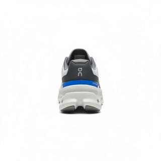 Rear view of FWSports Shoes Womens On Running Cloudmonster Void in white and gray with blue heel detail