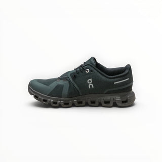 FWSports Shoes Womens On Cloud 6 waterproof sneakers in dark green with mesh upper and cushioned rubber lug outsole.